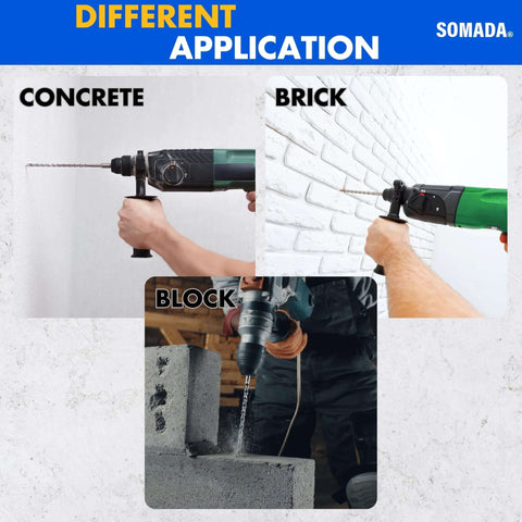 SOMADA 1in x 39in SDS-Plus long drill bit with carbide tips for concrete, brick and masonry (collage views)