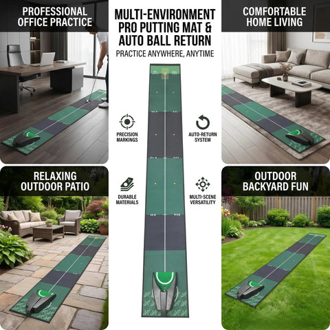 Indoor Golf Putting Mat With Auto Ball Return And Alignment Mirror 8.2 Ft Practice Green in various settings