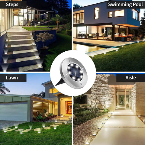8 LED Solar Disk Lights In Ground Outdoor Landscape Lighting For Pathway Yard Walkway Patio Lawn, showing usage in various settings.