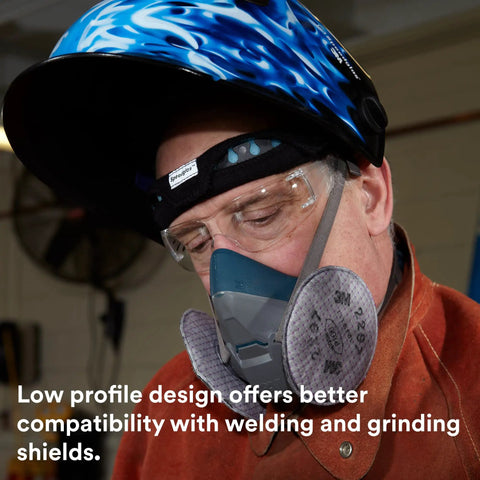 Worker wearing small size half facepiece reusable respirator with NIOSH approval and cool flow valve, silicone faceseal for tight fit