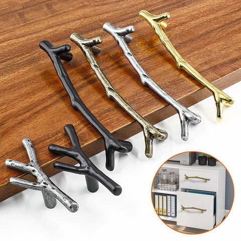 Bronze Twig Drawer Pulls Set Of 4 Zinc Alloy Rustic Tree Branch Handles For Kitchen Cabinets shown in various finishes