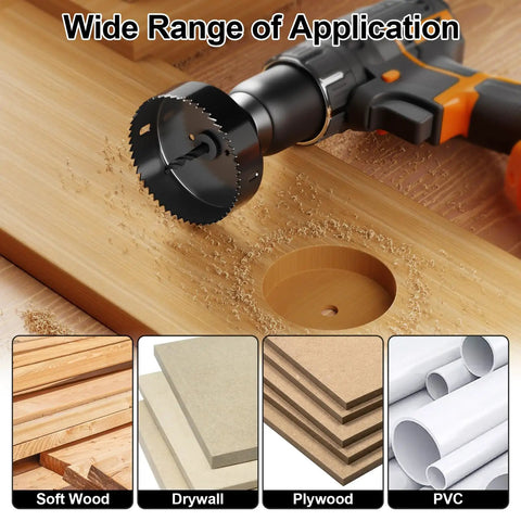 Pro Grade 19-Piece Hole Saw Set With Sizes From 3/4 Inch To 6 Inch Carbon Steel Blades cutting through wood showing usage.