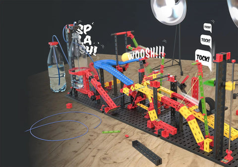 Crazy Reactions Building Kit 428 Components To Build Any Of Three Models, Hook It Up With Chain Reactions And Funny Machines, Expandable With Everyday Objects For Wild Creative Experiments. Chain-reaction build on tabletop with bottles, ramps, gears