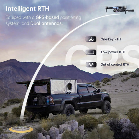 4K UHD GPS Drone With Camera For Adults And Newbies showcasing auto return feature over mountain landscape with truck