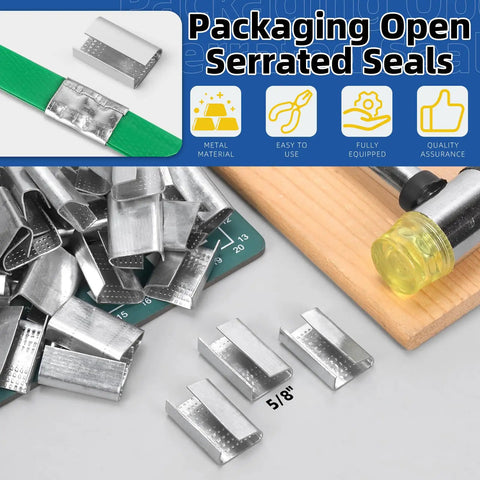 Open Snap-On 5 by 8 Inch Metal Buckle Seals Pack for Strapping and Pallet Banding, 100 Pcs Serrated Steel Clips
