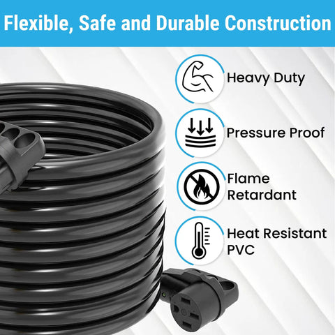 Coiled 36 Foot 50 Amp RV Extension Cord With 14 50P Plug And 14 50R Receptacle, Outdoor STW Cable, Black, heavy duty features