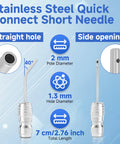 Pressure Washer Nozzle Kit With Needle Tips For Deep Cleaning Narrow Gaps And Corners Four Pack One Quarter Inch Quick Connect One To Two GPM Great For Cars Washing Machines AC Fins RV Water Heaters showing stainless steel needles with dimensions.