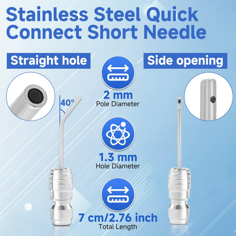 Pressure Washer Nozzle Kit With Needle Tips For Deep Cleaning Narrow Gaps And Corners Four Pack One Quarter Inch Quick Connect One To Two GPM Great For Cars Washing Machines AC Fins RV Water Heaters showing stainless steel needles with dimensions.