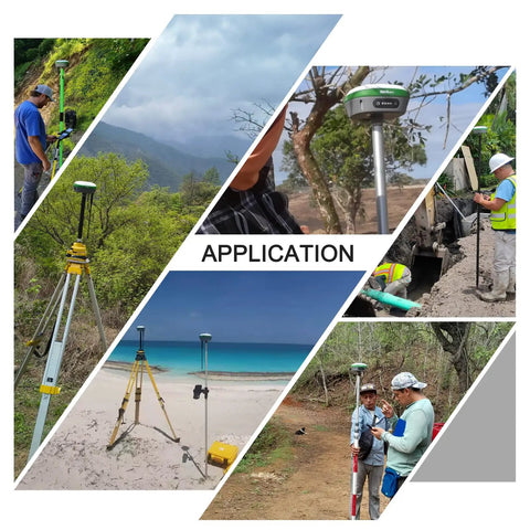 RTK GNSS Base Receiver For Surveying With Drones And UAVs used in various terrains including beach, forest, and construction site.