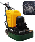Electric Concrete Floor Grinder Polishing Machine With Dry And Wet Type Sander Buffer 25 Inch Working Width 12 Discs Can Be Installed Renovates Old Floors 220 Volts, side view with yellow and green casing
