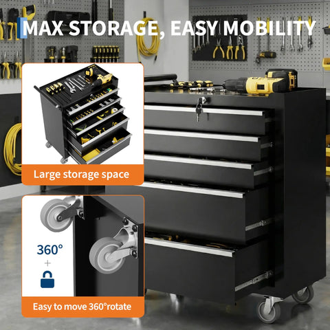 Black Rolling Tool Chest With 5 Drawers On Wheels, Portable Tool Cabinet With Locking System And Drawer Liners in workshop