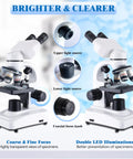 Dual LED Binocular Microscope For Students And Grownups, 64X-6000X Magnification, 3 Objective Lenses, Sturdy Metal Body, Dope Dual Illumination, Perfect For School Lab And Home Science Projects, white with coarse and fine focus
