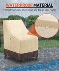 Heavy Duty Waterproof Outdoor Chair Covers Built To Last For High Back Dining And Swivel Chairs Pack Of 2 All Weather Patio Furniture Covers Beige And Brown Fits Up To 29W 30D 42H displayed in rain showing waterproof material.