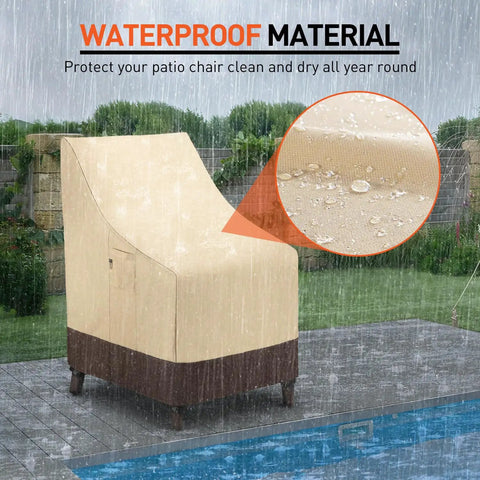 Heavy Duty Waterproof Outdoor Chair Covers Built To Last For High Back Dining And Swivel Chairs Pack Of 2 All Weather Patio Furniture Covers Beige And Brown Fits Up To 29W 30D 42H displayed in rain showing waterproof material.
