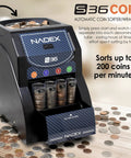 36S Automatic Coin Sorter sorts up to 200 coins per minute with automatic start stop feature and pull tray access in use.
