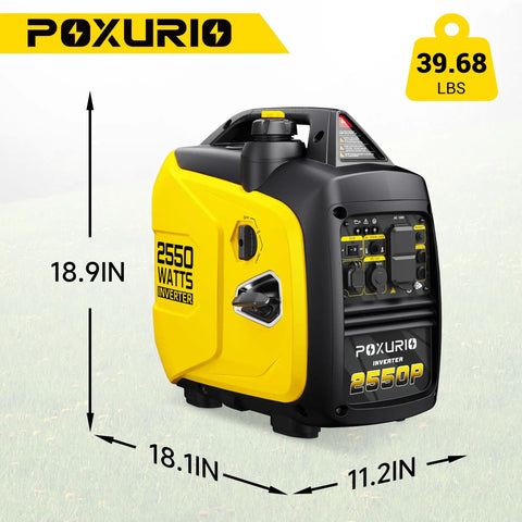 2550W Portable Inverter Generator For Home Use with dimensions and yellow exterior, showing EPA compliant label.