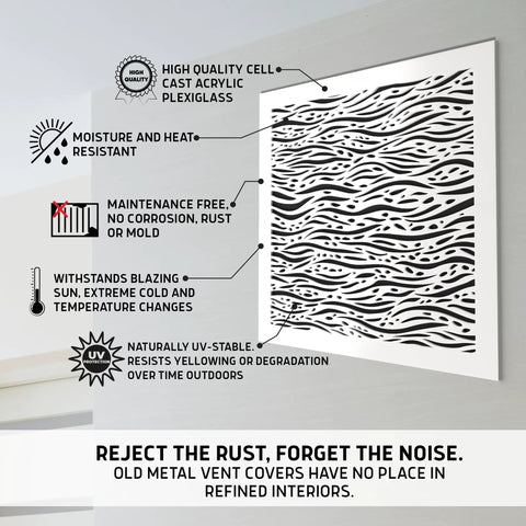 White Acrylic Plexiglass Vent Cover For Walls And Ceilings 10x10 Duct Opening With 12x12 Overall Size Return Grille Decorative Cover For Home Or Office Not For Floor Use Dope Wave Pattern on wall with design details.