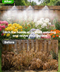 Before and after garden with 120Ft Drip Irrigation Kit With 18 Adjustable Misting Nozzles, Quick Connect Design in action.