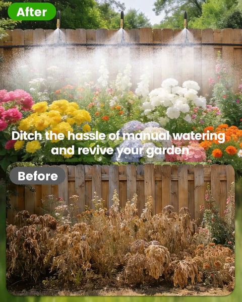 Before and after garden with 120Ft Drip Irrigation Kit With 18 Adjustable Misting Nozzles, Quick Connect Design in action.