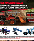 15HP Mini Tractor With Dual Electric And Manual Start for Various Implements, shown with rotary tiller attachment