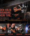 Heavy Duty Welding Ground Clamp With Strong Magnet And Copper Connector For Fast Secure接地 on metal surface with bright sparks.