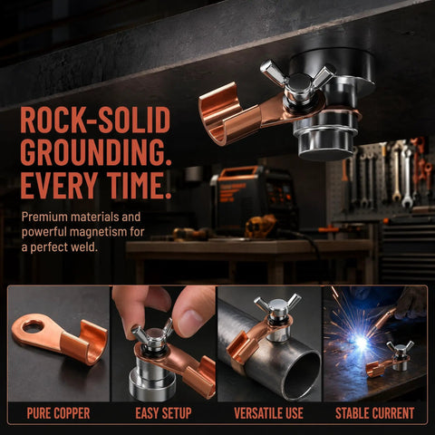 Heavy Duty Welding Ground Clamp With Strong Magnet And Copper Connector For Fast Secure接地 on metal surface with bright sparks.