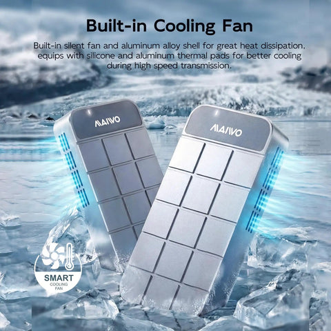 Beast Mode Speed M2 NVMe SSD Enclosure with Smart Cooling Fan and Tough All Metal Shell on ice, showcasing cooling features.