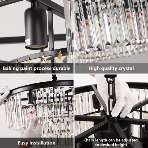 Modern Crystal Pendant Chandelier Two Tier Black Metal And Crystal Fixture for Dining Room and Living Room details