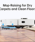 Side view of Smart Robot Vacuum And Mop System That Crushes Mess With Auto Mop Cleaning And Drying Self Refilling Base on floor