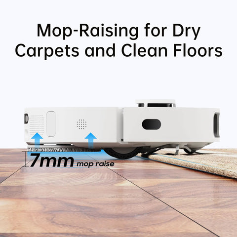 Side view of Smart Robot Vacuum And Mop System That Crushes Mess With Auto Mop Cleaning And Drying Self Refilling Base on floor