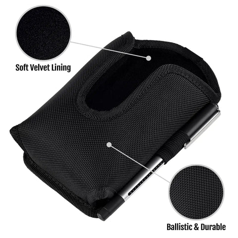 U Shaped Scanner Holster For Zebra Handheld Scanners With Rugged Metal Belt Clip Heavy Duty Thick Build Pocket Friendly Case showing soft velvet lining and durable ballistic material.