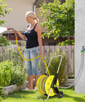 Woman using garden hose reel with 3Ft Short Garden Hose With Double Female Connectors For Quick Hose Reel Setup Workhorse Heavy Duty