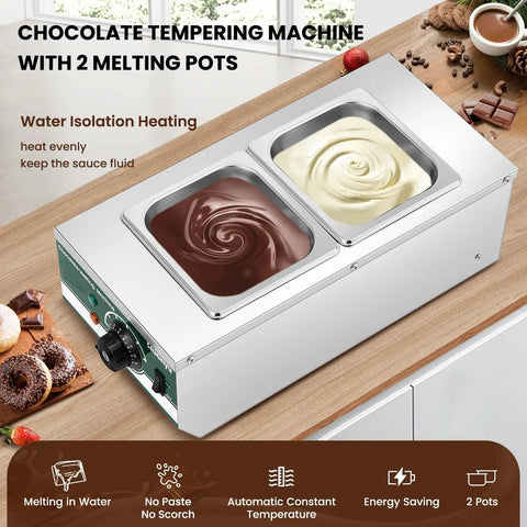 Dual Pot Chocolate Tempering Machine With 86 To 230 F Range, 800W Commercial Chocolate Melter, 6.6 Lbs Total Capacity
