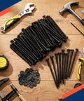 100 Pack 5/16 X 5 Inch Hex Head Lag Bolts For Wood And Ceramic With Black Coated Finish And 100 Washers on wooden table