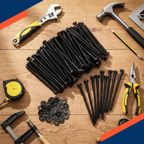 100 Pack 5/16 X 5 Inch Hex Head Lag Bolts For Wood And Ceramic With Black Coated Finish And 100 Washers on wooden table