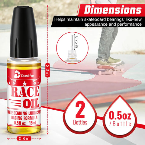 Skateboard Bearing Lube 2 Pack for Smooth Bearings in Skateboards, Longboards, Scooters and Roller Skates, Fast Spins Jam Proof Oil 15ml Bottles Each Bundle, showing dimensions and features