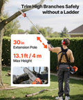 Person using Gas Powered 7 In 1 Yard Tool With Hedge Trimmer String Trimmer Brush Cutter 3T And 40T Edger Pole Saw And Chain Saw 26cc 2 Cycle Engine Includes Extension Pole And Protective Gear to trim tree branches