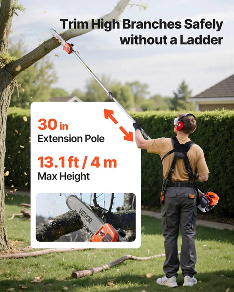 Person using Gas Powered 7 In 1 Yard Tool With Hedge Trimmer String Trimmer Brush Cutter 3T And 40T Edger Pole Saw And Chain Saw 26cc 2 Cycle Engine Includes Extension Pole And Protective Gear to trim tree branches