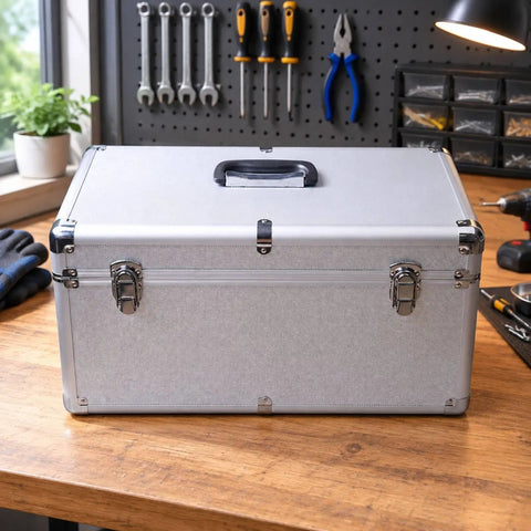 Silver Metal Tool Case With Ergo Grip Carrying Handle And Reinforced Corner Guards, 47.5x26.5x25cm, on a workbench.