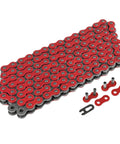 Red Drive Chain And Sprocket Kit For Honda CRF250R 2004 To 2010 With Master Link And Rivet Link, steel chain links in red color.