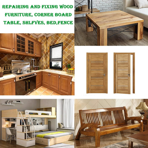 Various wooden furniture pieces for repair, including tables, shelves, bed, and doors.