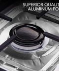 Heavy Duty Aluminum Stove Top Burner Liners 8.5 Inch 100 Pack Disposable Covers on gas range showing grease protection