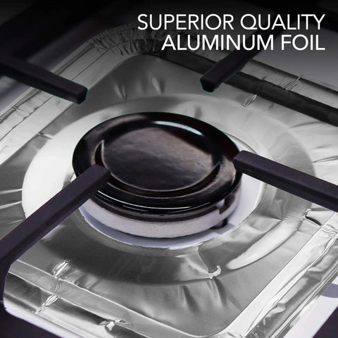 Heavy Duty Aluminum Stove Top Burner Liners 8.5 Inch 100 Pack Disposable Covers on gas range showing grease protection
