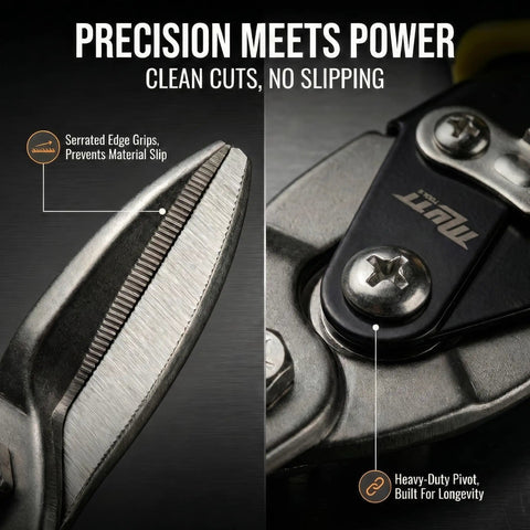 Close-up of heavy duty 10 inch metal cutting shears with serrated edge, ergonomic handle, and heavy-duty pivot for precision cutting.