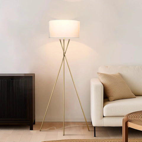 LED Floor Lamp With Gold Tripod Base And Drum Shade, Tall Contemporary Standing Lamp For Living Rooms And Offices, Modern Industrial Style Lit Glow For Bedroom Reading And Home Decor