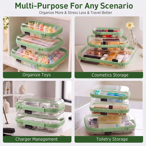 Clear Hard Shell Zipper Case And Mini Pouch Set To Keep Your Daily Stash Organized With Tough Rigid Construction And Slick Stackable Design For Hassle Free Travel Packing And Easy Access Without Ever Messing Up Bags, featuring organized toy and cosmetic storage.