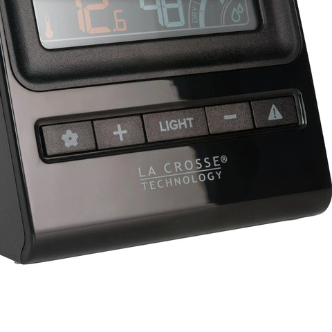 Close-up of Digital Multi Color Wireless Weather Forecast Station With Indoor Outdoor Sensor Real Time Temperature Humidity Readouts Color Display Forecast Icons And Alerts For Weather Nerds And Easy Home Weather Monitoring, showing buttons and display.