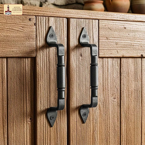 Mystic Colonial Rustic Cast Iron Barn Door Handles Set Of 2 In Black Finish on wooden cabinet doors