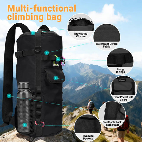 Rugged Large Capacity Climbing Rope Bag Built For Outdoor Climbers Waterproof Oxford Shell Side Mesh Pockets Front Accessory Pocket And Durable Hand Straps Holds Up To 200 Feet Of Three Eighths Inch Rope Or Seventy Five Feet Of Five Eighths Inch For Real with mountain backdrop and features labeled.