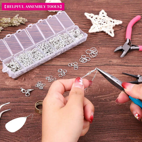 Close-up of All In One Jewelry Repair Kit With 1520 Silver Jump Rings And 3 Pcs Pliers for DIY jewelry making.